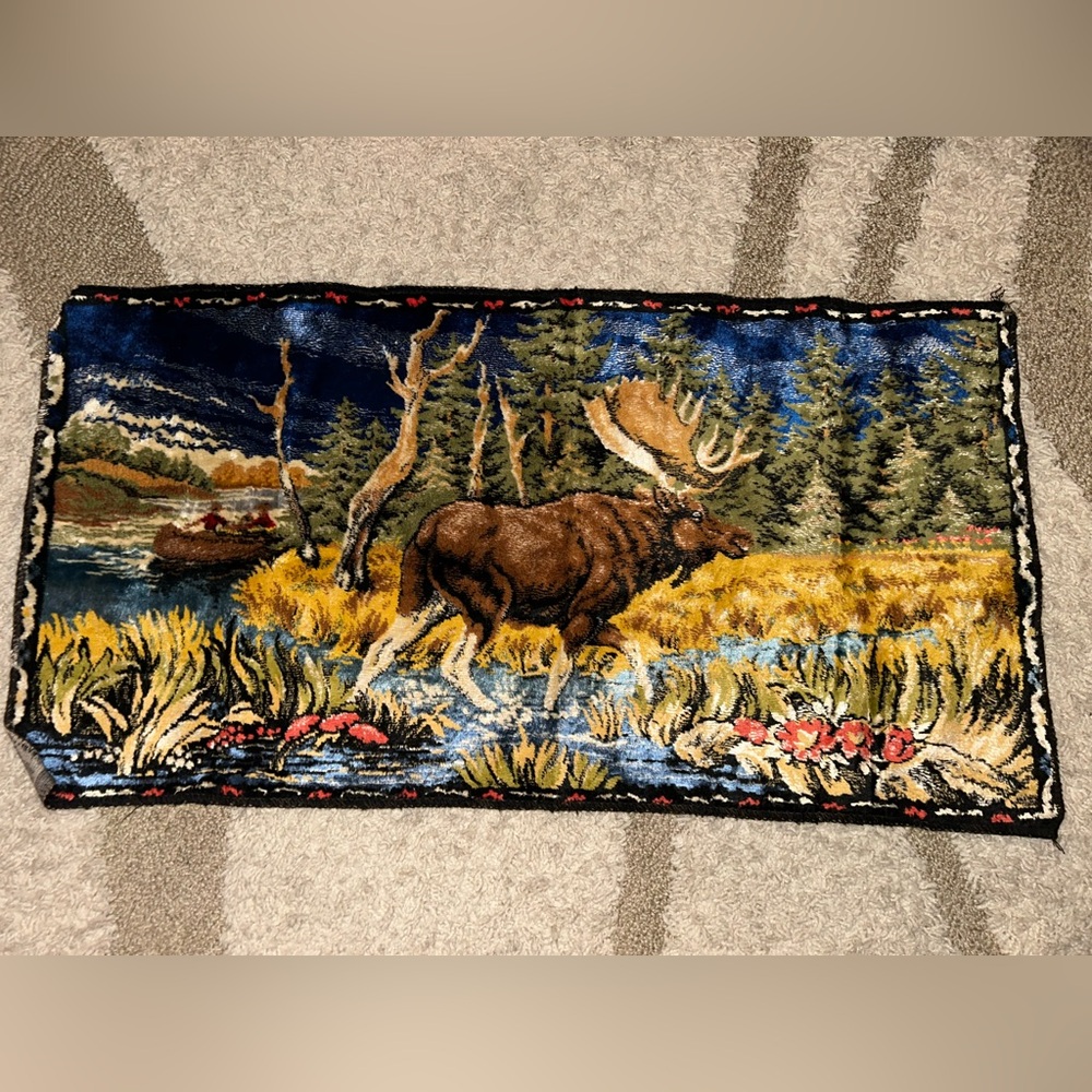 Vintage moose tapestry wall hanging wall decor velvet rug carpet wildlife cabin